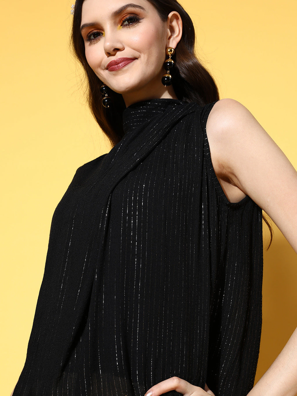 InWeave Women's Black Lurex Tie Up Top