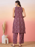 InWeave Maroon Navy Ajrakh Foil Round Neck Kurta Pant Set