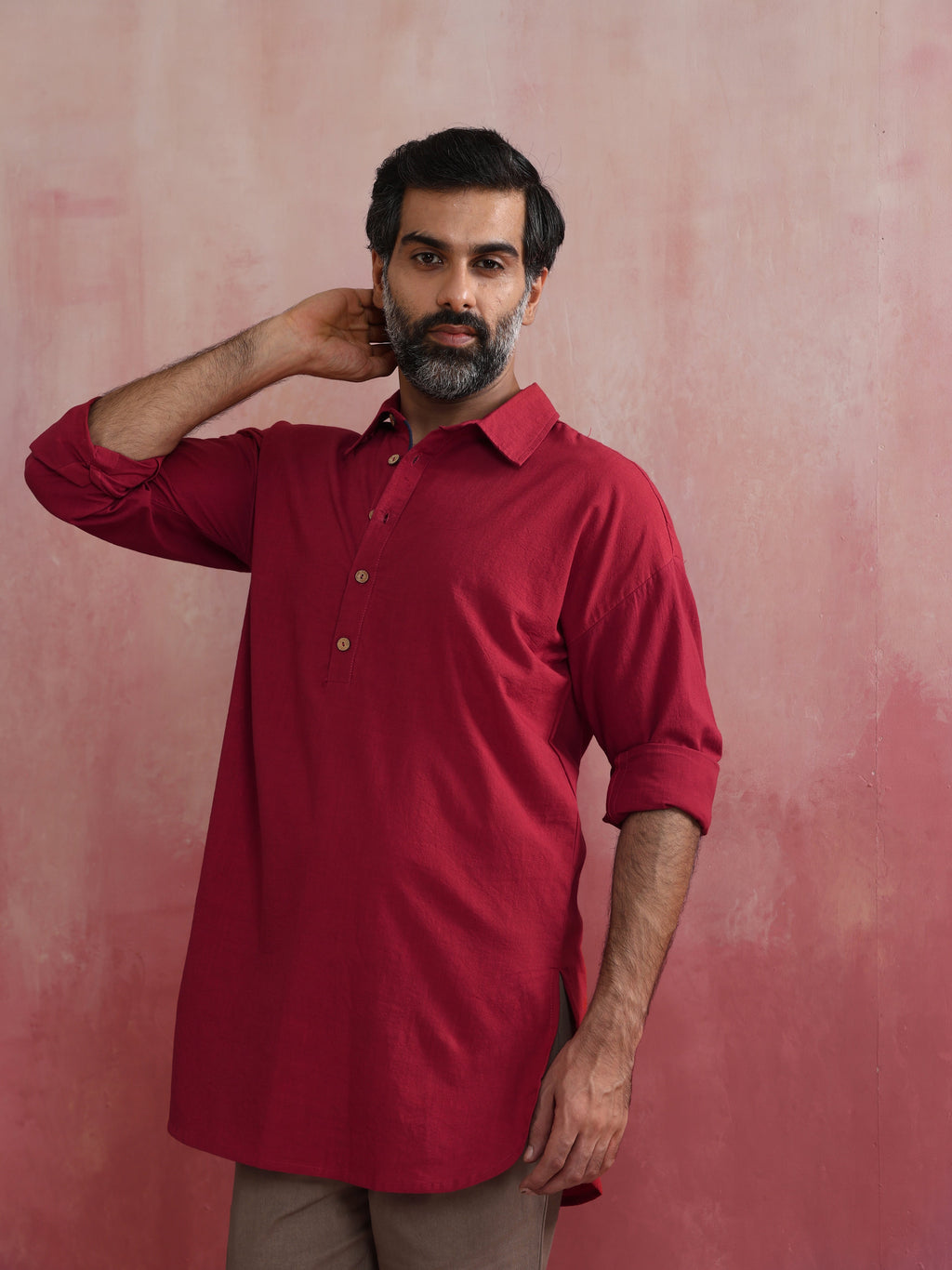trueBrowns Men's Maroon Cotton Shirt Collar Stylized Kurta