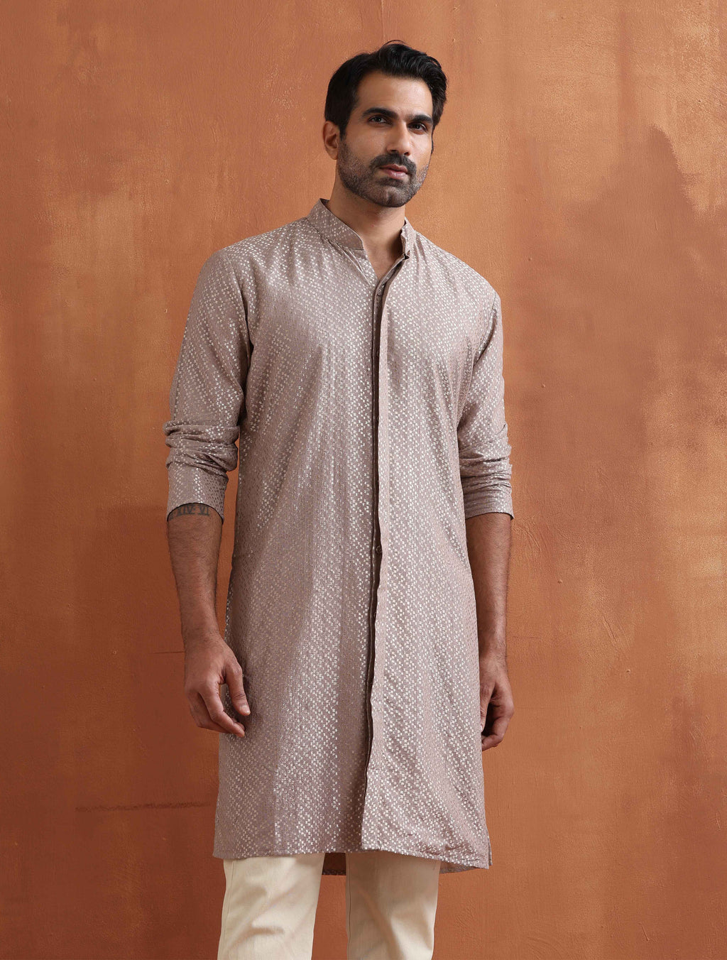 trueBrowns Men's Beige Cotton Dobby Kurta
