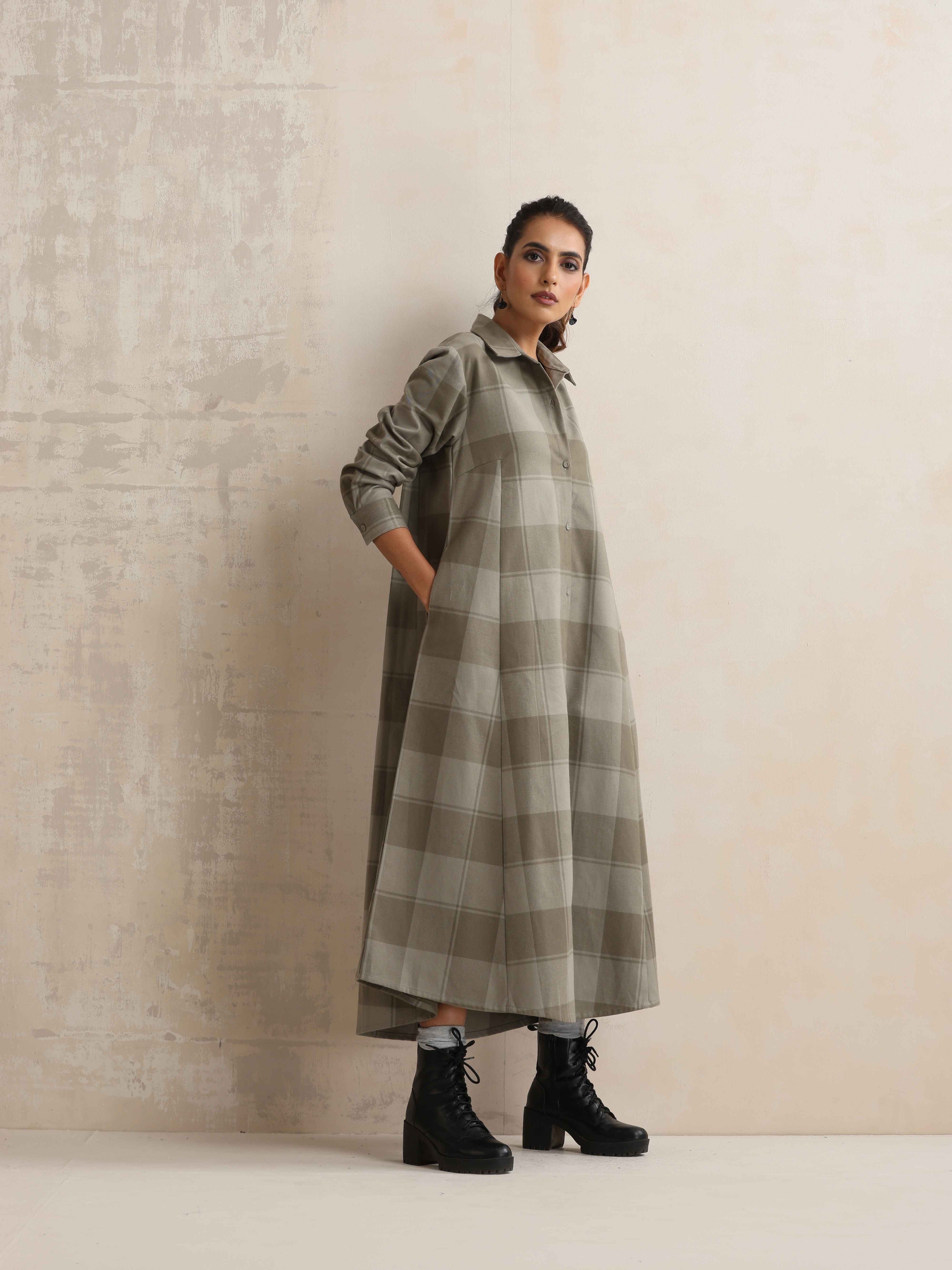 trueBrowns Green Check Flared Winter Dress - Distacart