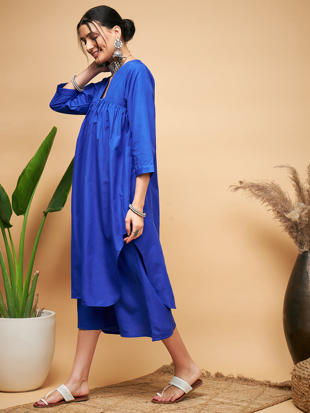 InWeave Women's Ink Blue Flared Kurta Palazzo Set