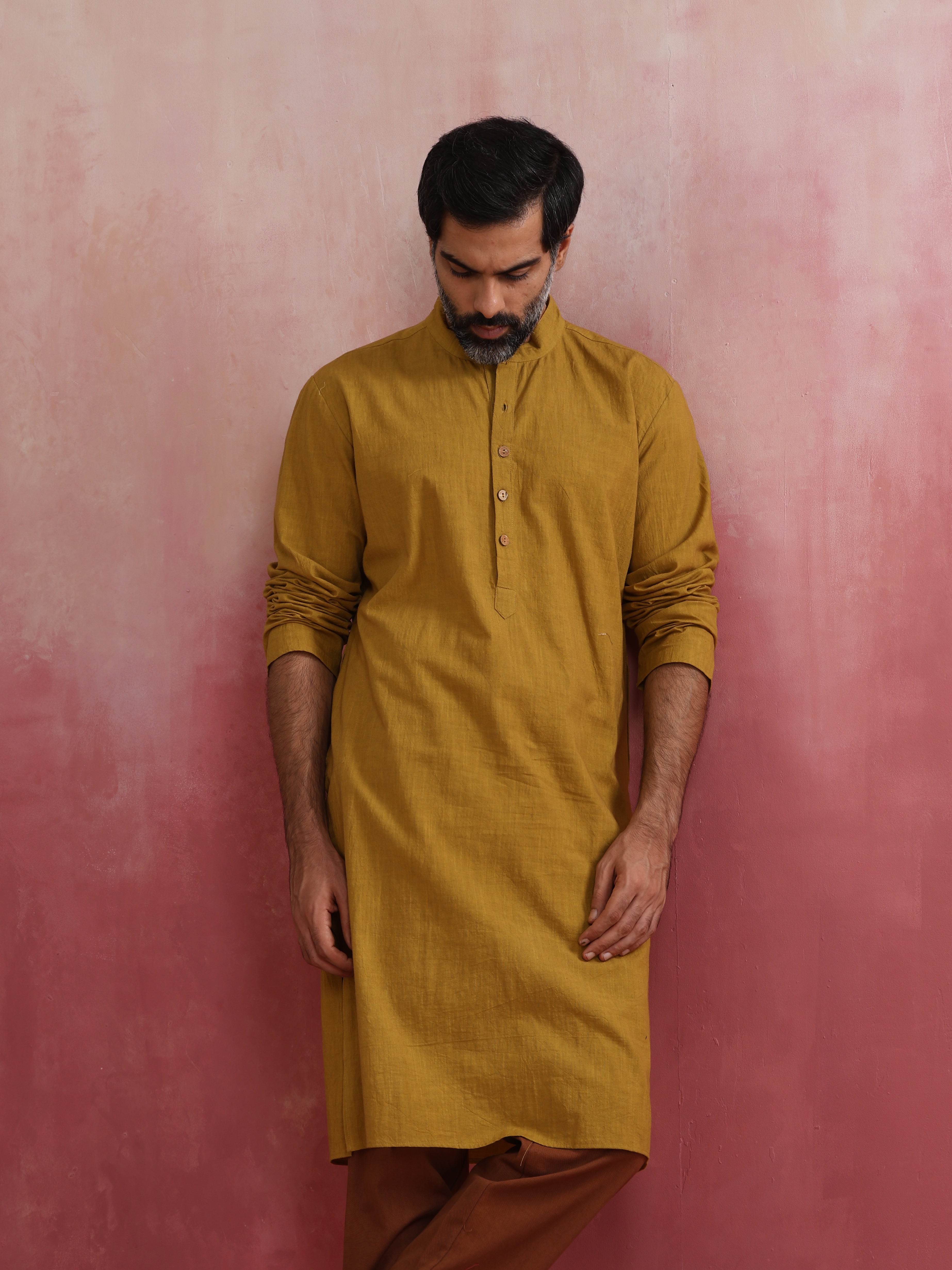 trueBrowns Men's Mustard Mandarin Collar Kurta