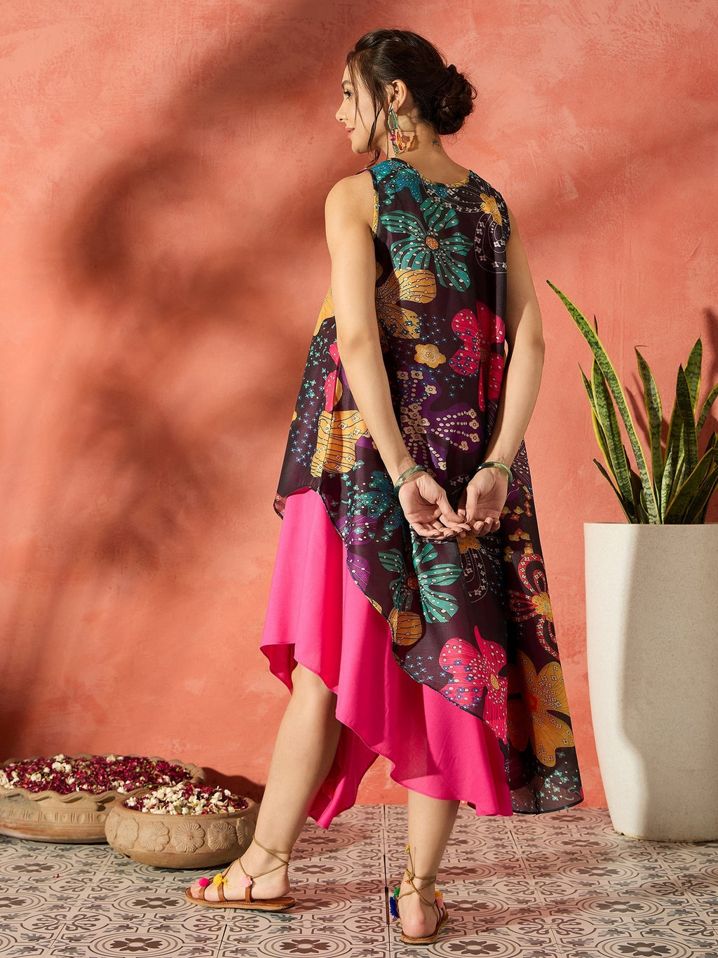 InWeave Black Floral Fuchsia Asymmetrical Dress - Distacart