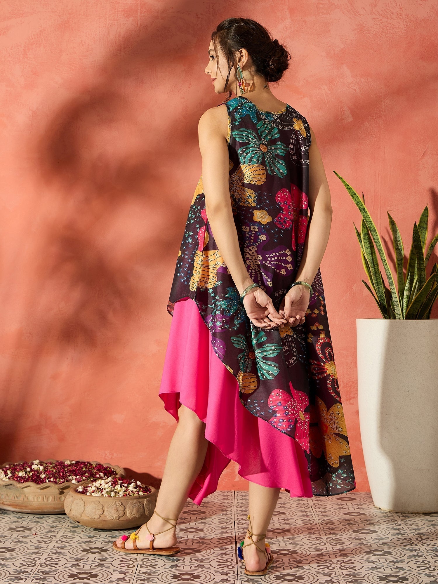 InWeave Black Floral Fuchsia Asymmetrical Dress - Distacart