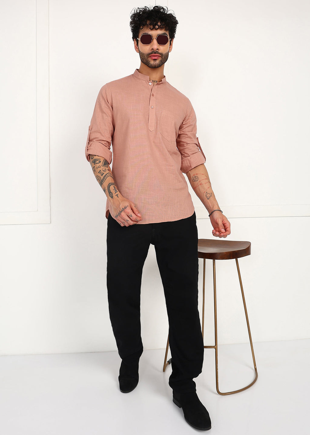 Fabmade Men’S Peach Linen Short Kurta