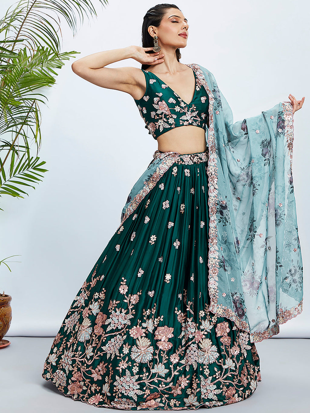 House of Panchhi Teal Pure Georgette Sequins And Thread Embroidery Lehenga Choli & Dupatta