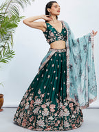 House of Panchhi Teal Pure Georgette Sequins And Thread Embroidery Lehenga Choli & Dupatta