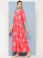 Ahalyaa Floral Printed Pleated Maxi Empire Ethnic Dress - Distacart