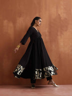 trueBrowns Black Metallic Flared Anarkali Kurta Set - Distacart