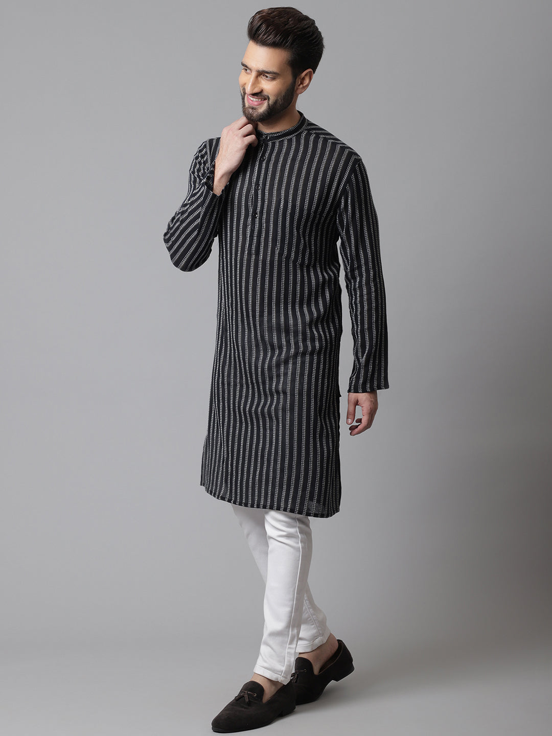 Even Apparels Black Pure Cotton Kurta With Band Collar - Distacart