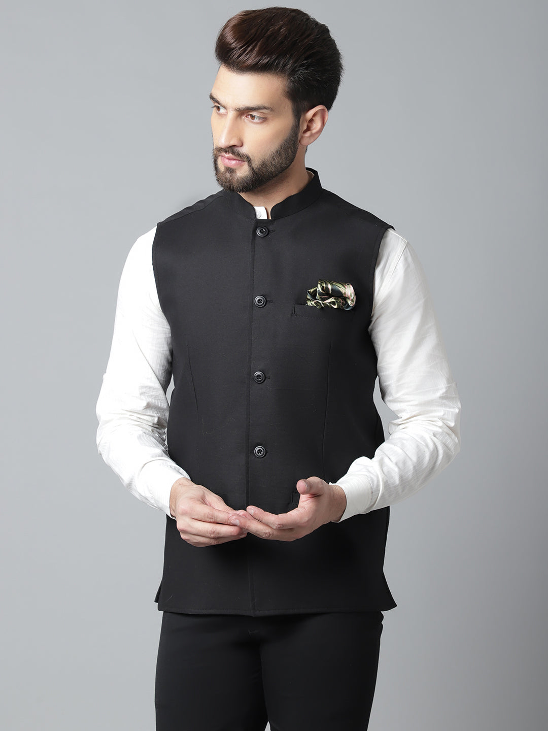 Even Apparels Men's Black Nehru Jacket With Welt Pockets