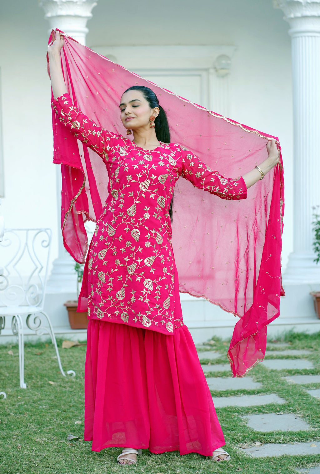 Teeya Creation Pink Color Faux Georgette Heavy Embroidery Work Fully Stitched Sharara Suit