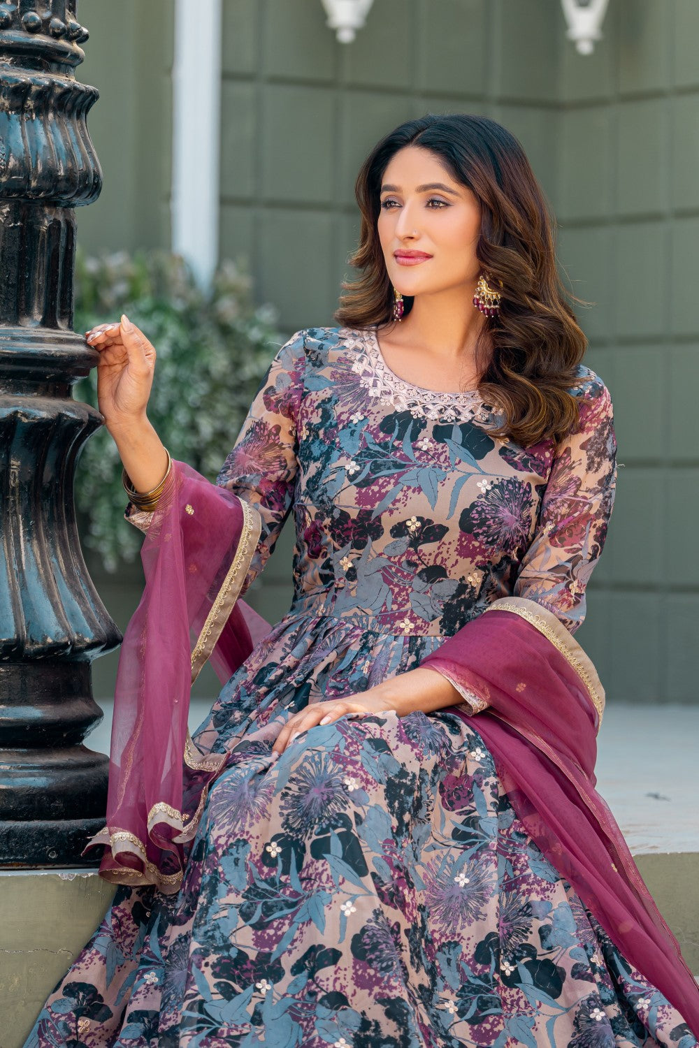 Anaita Grey Tabby Silk Stitched Anarkali Suit With Thread & Sequence Work - Distacart