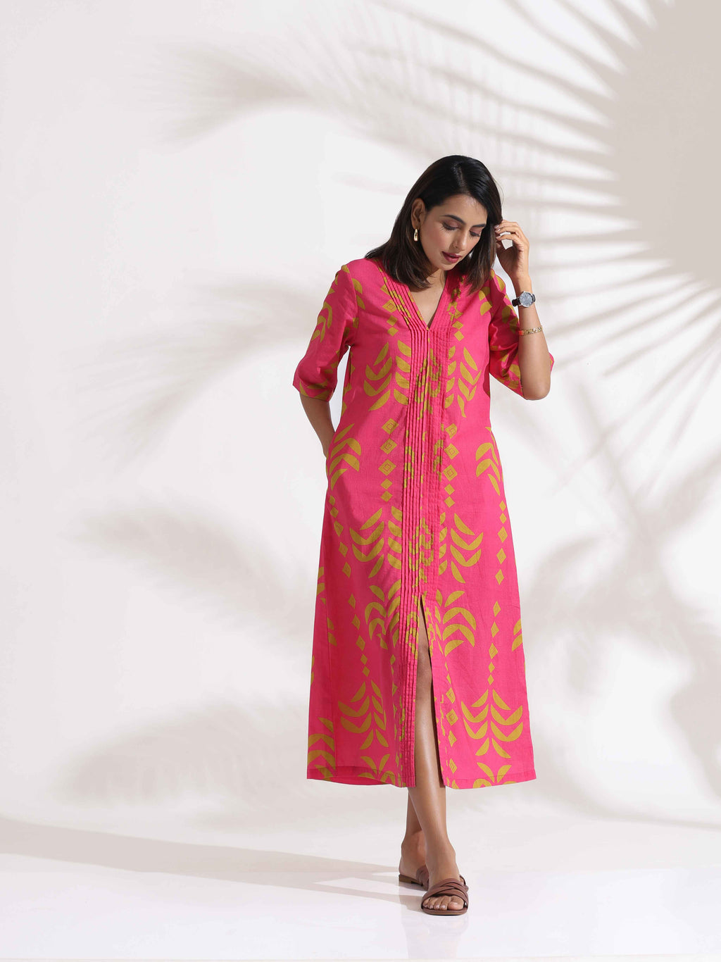 trueBrowns Pink Cotton Print pleated Dress - Distacart