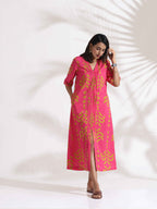 trueBrowns Pink Cotton Print pleated Dress - Distacart