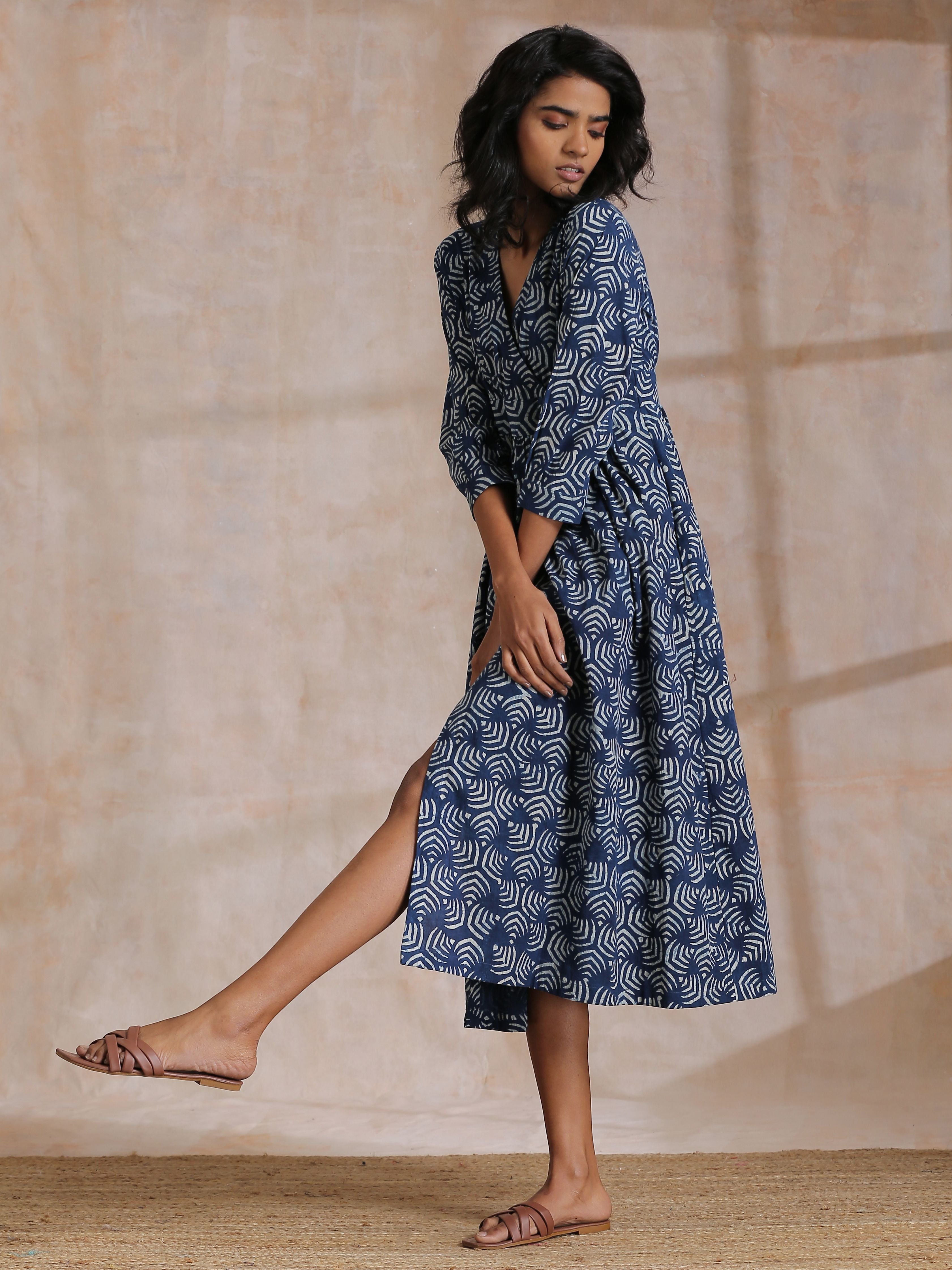 trueBrowns Indigo Dabu Overall Print Cotton Wrap Dress - Distacart