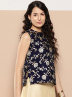 InWeave Women's Navy Blue Brocade Halter Top