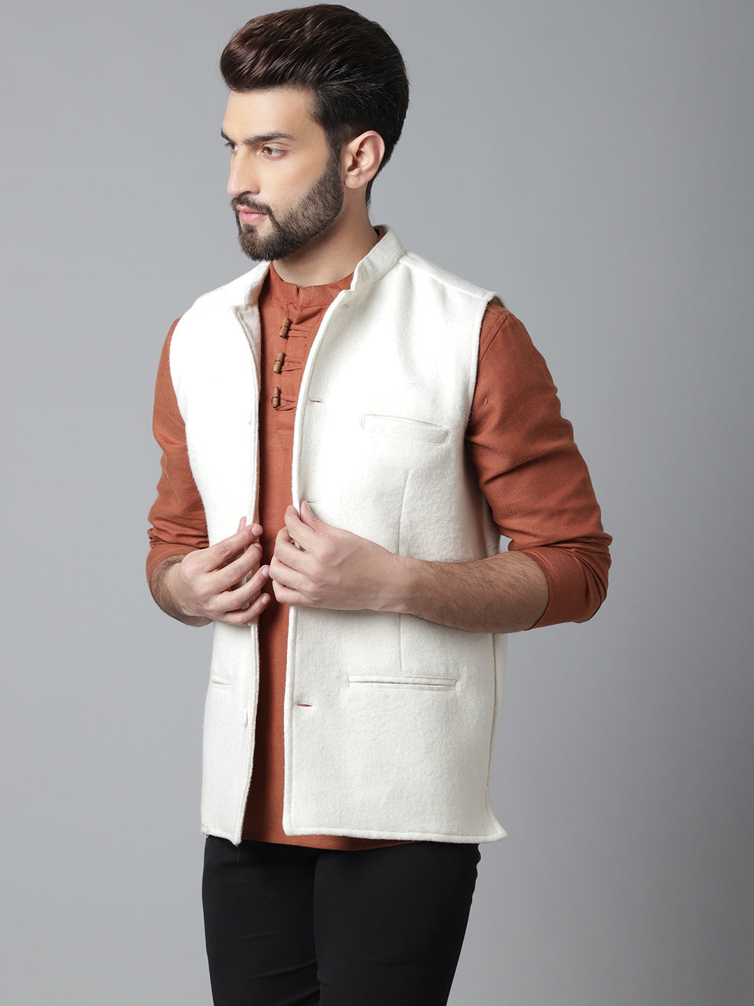 Even Apparels Men's White Pure Wool Nehru Jacket