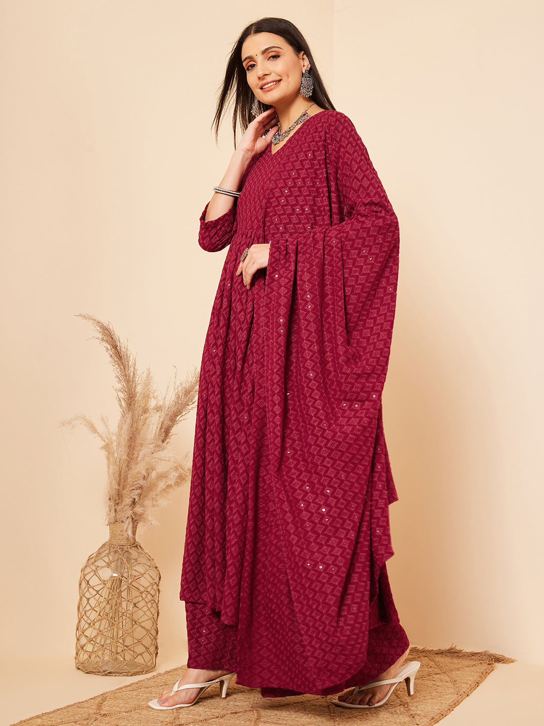 InWeave Women's Maroon Chikankari Long Anarkali Kurta Palazzo Set W Dupatta