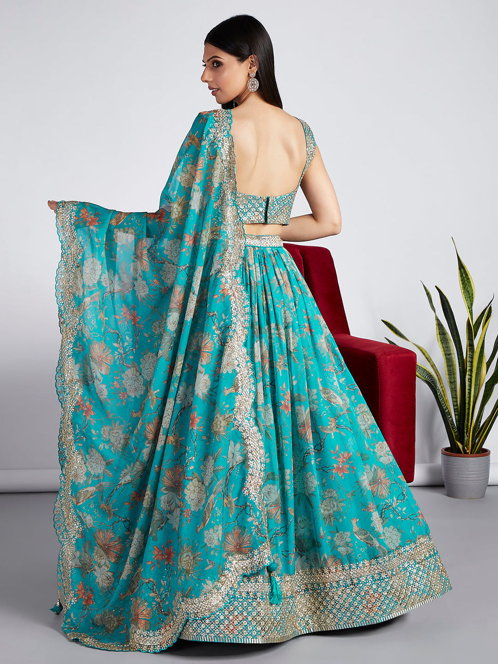 House of Panchhi Sea Green Colour Organza Floral Design Digital Print Lehenga Choli & Dupatta