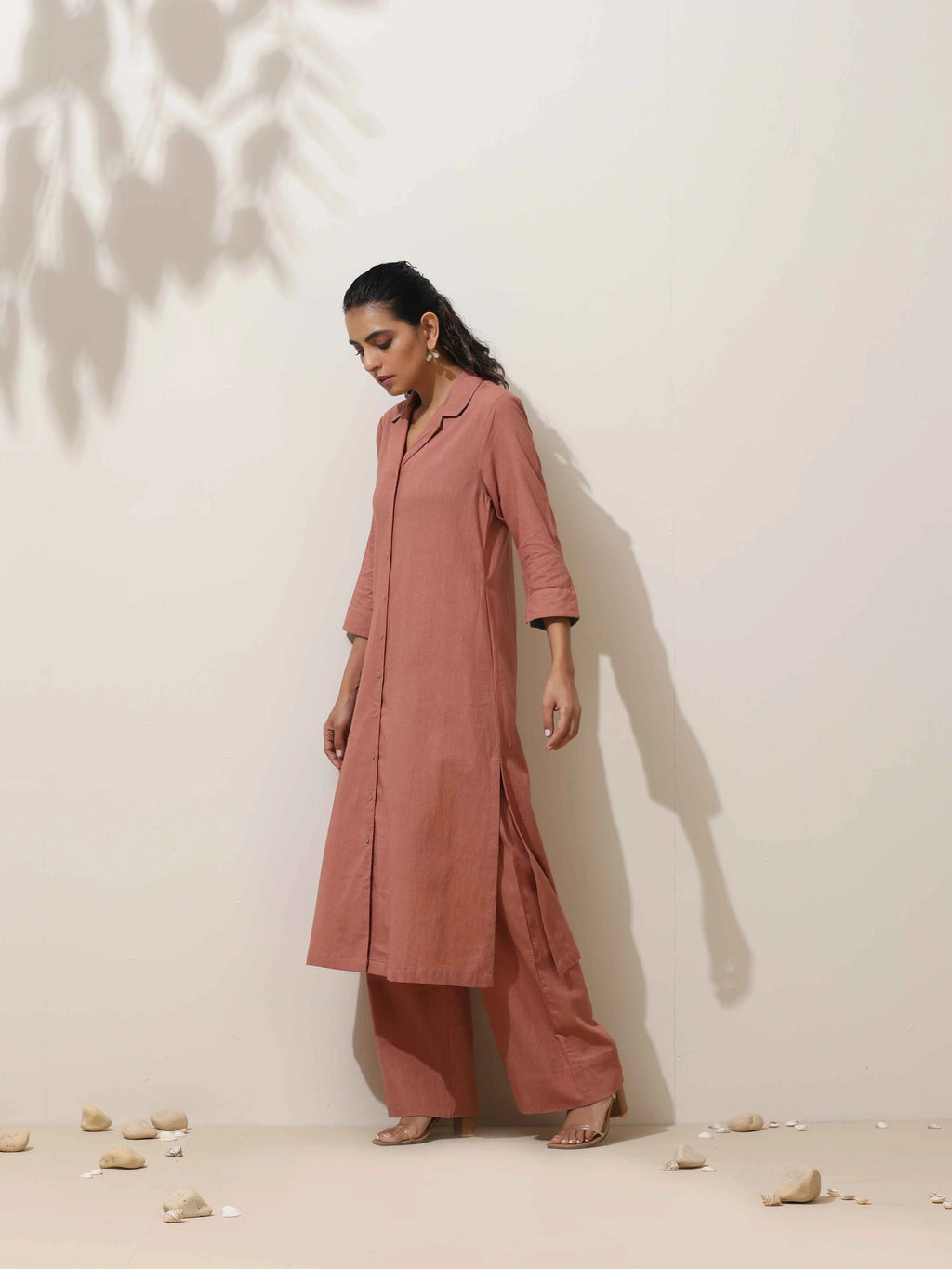trueBrowns Peach Cotton Linen Kurta Pant Set - Distacart