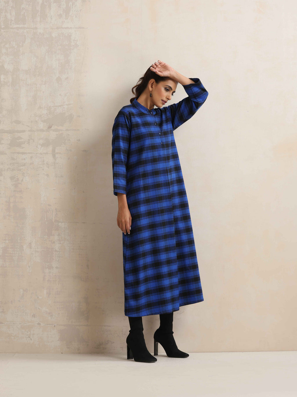 trueBrowns Blue Check Flared Winter Dress - Distacart