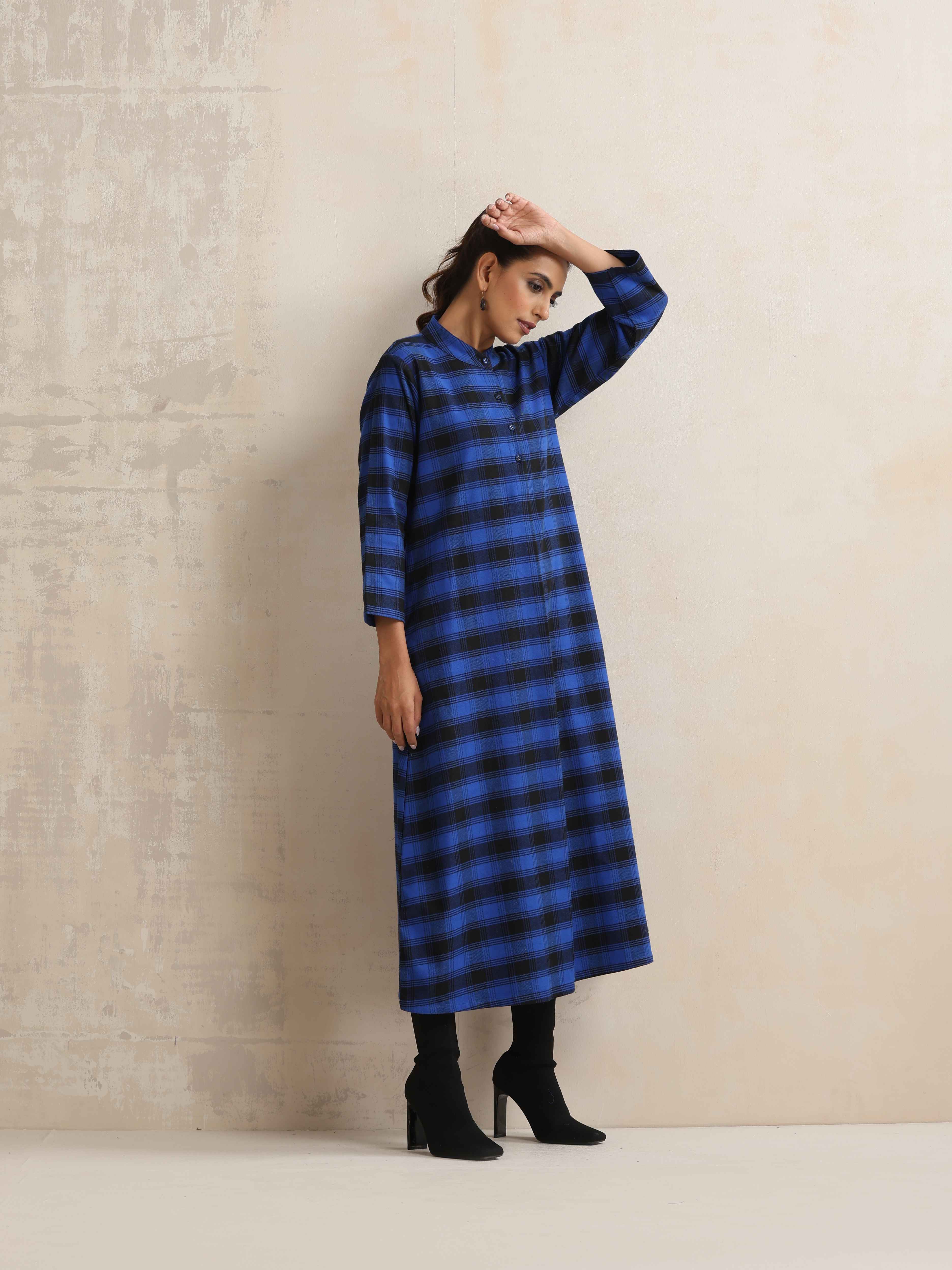 trueBrowns Blue Check Flared Winter Dress - Distacart