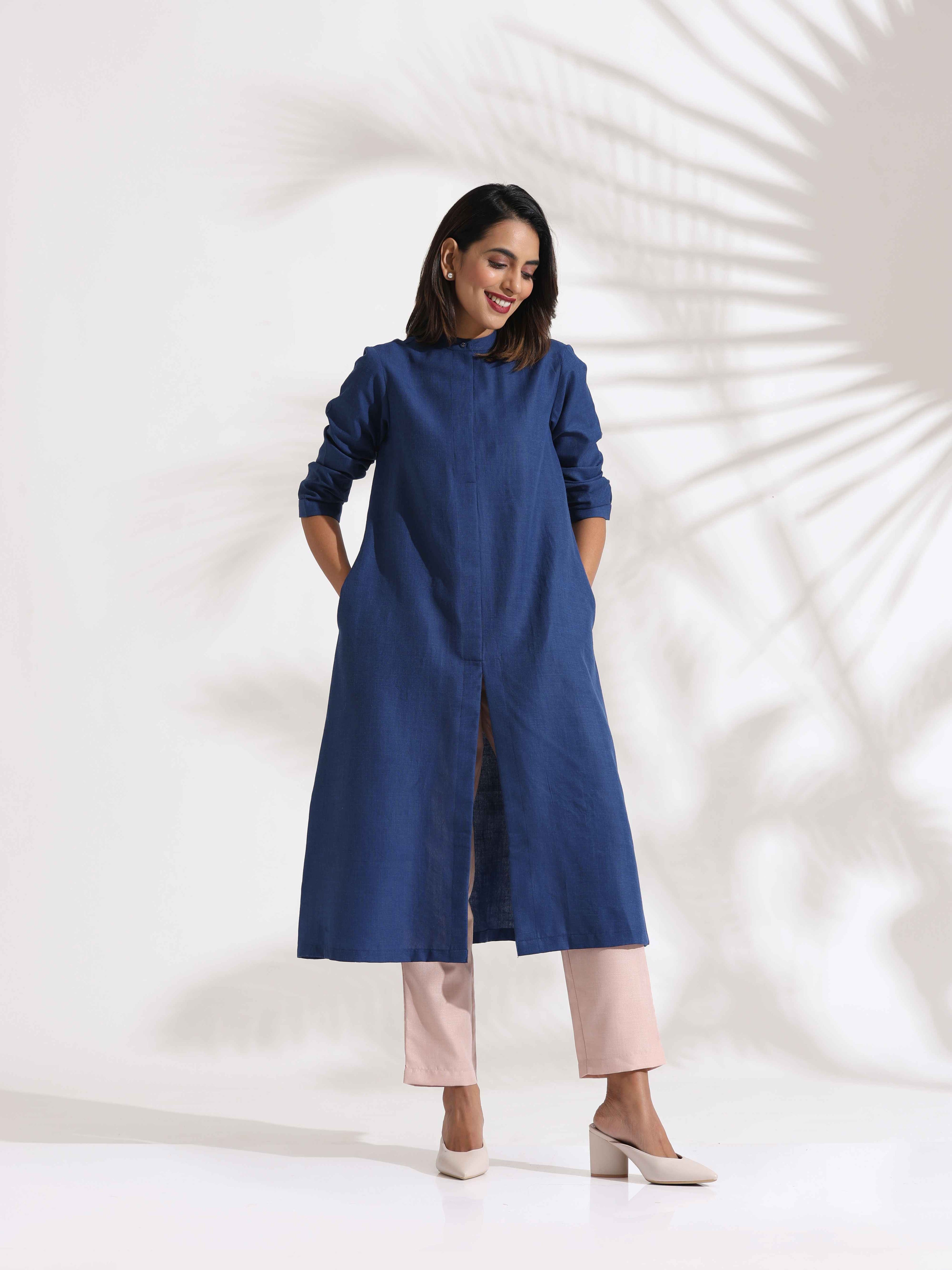 trueBrowns Blue Slub Kurta Set - Distacart