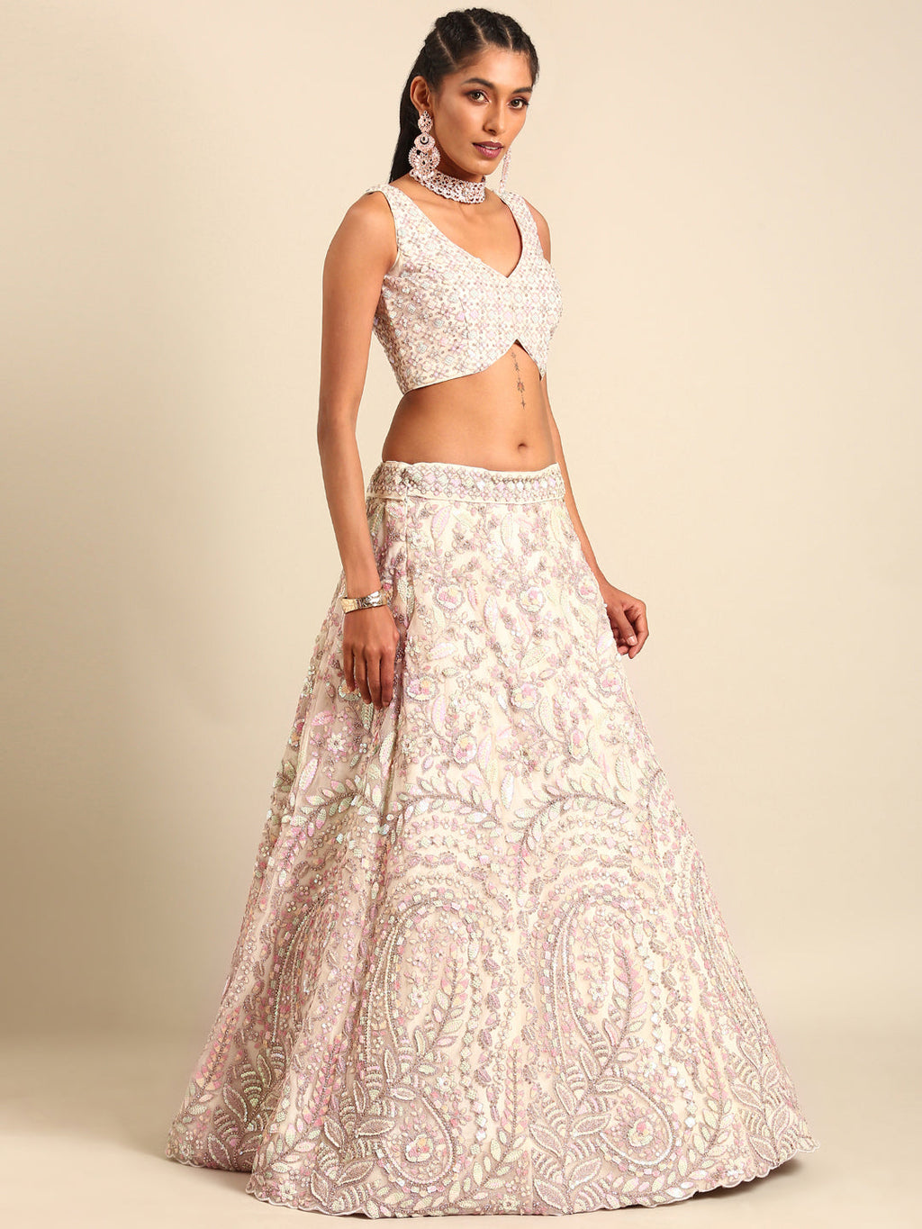 House of Panchhi Cream Net Multi Sequins with heavy Zarkan embroidery Lehenga choli & Dupatta