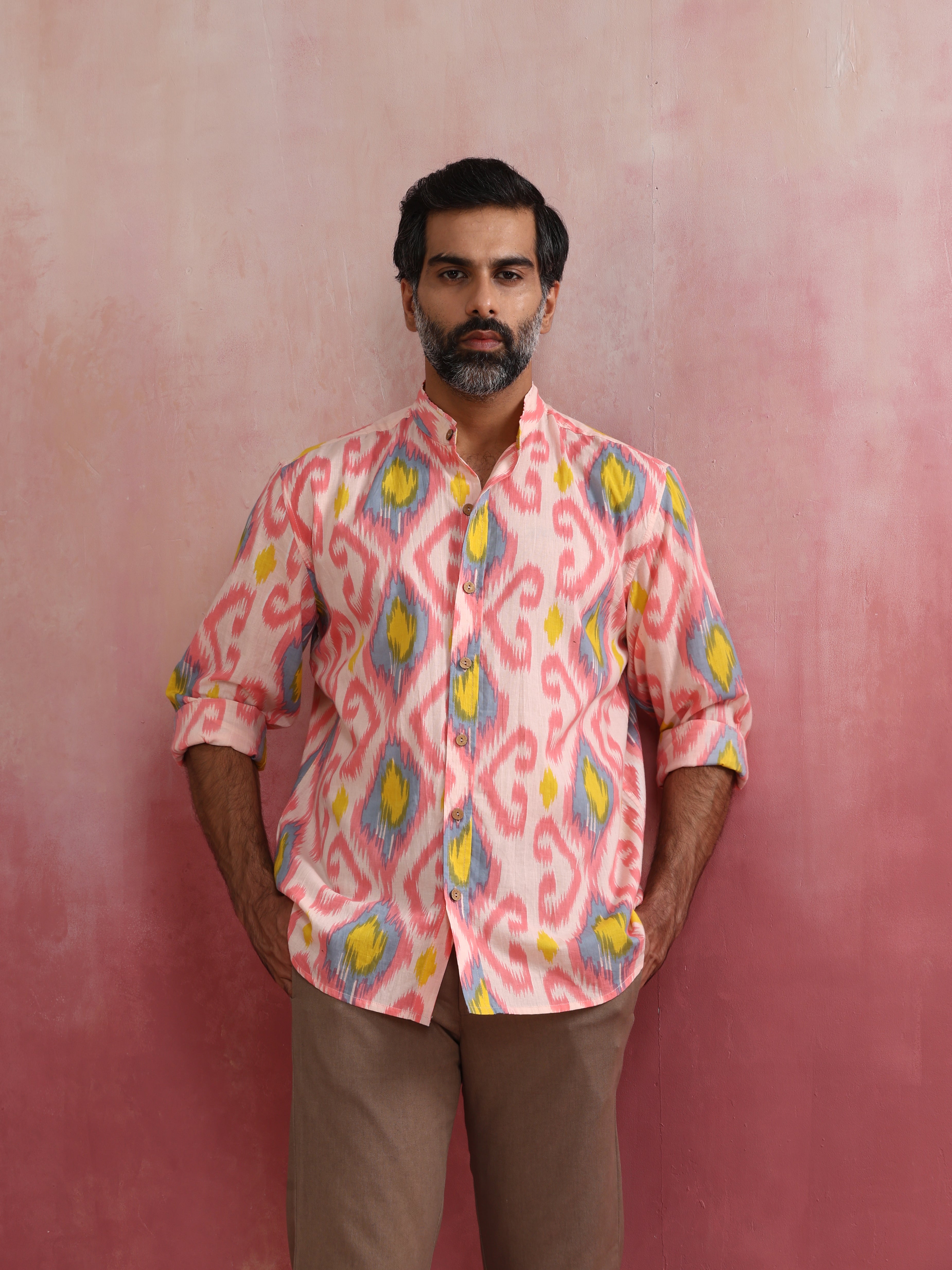 trueBrowns Men's Lime Ikat Print Cotton Shirt