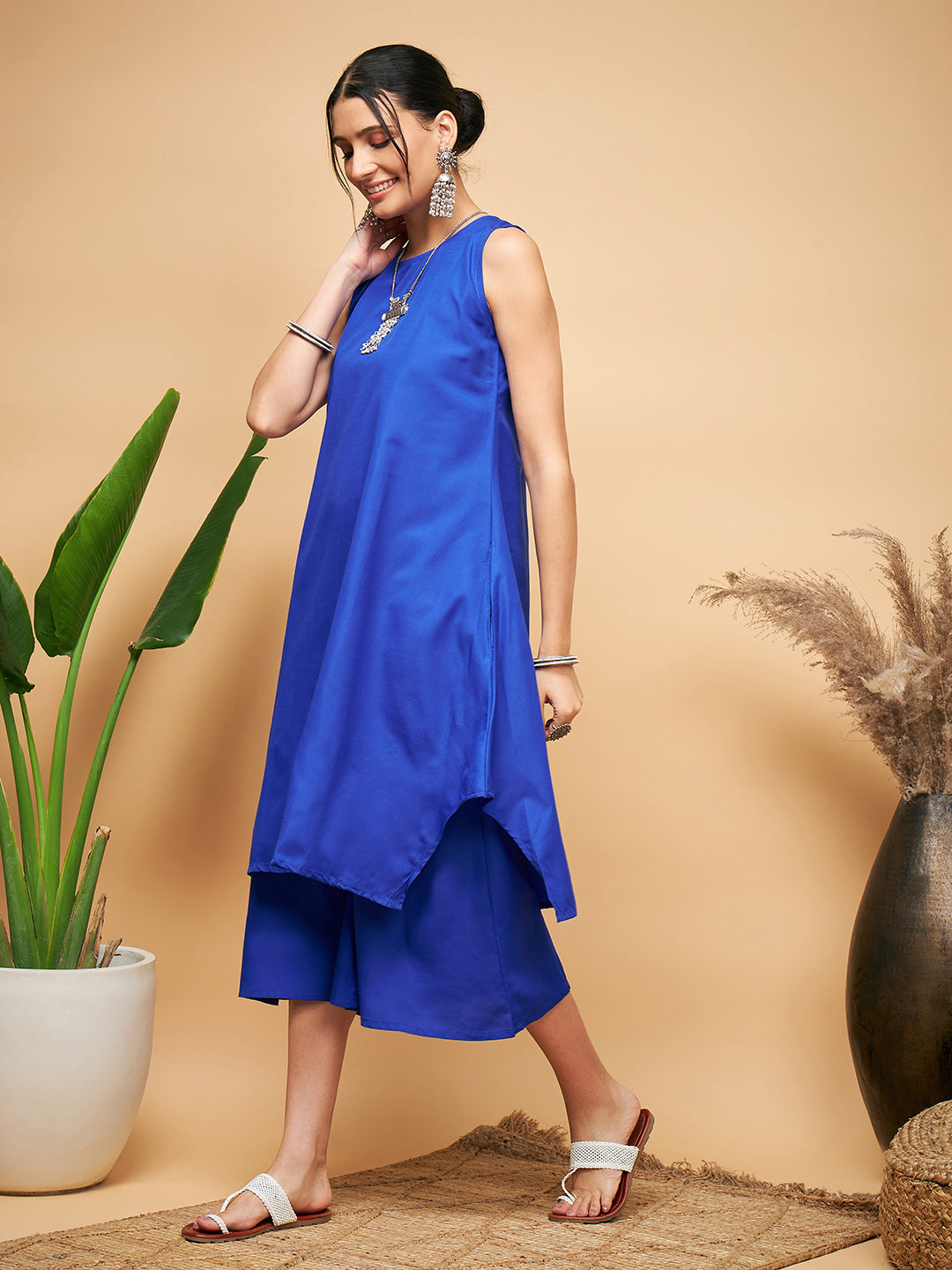 InWeave Women's Ink Blue Short Kurta Palazzo Set