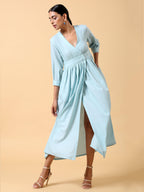 trueBrowns Cotton Linen Light Blue Wrap Dress - Distacart