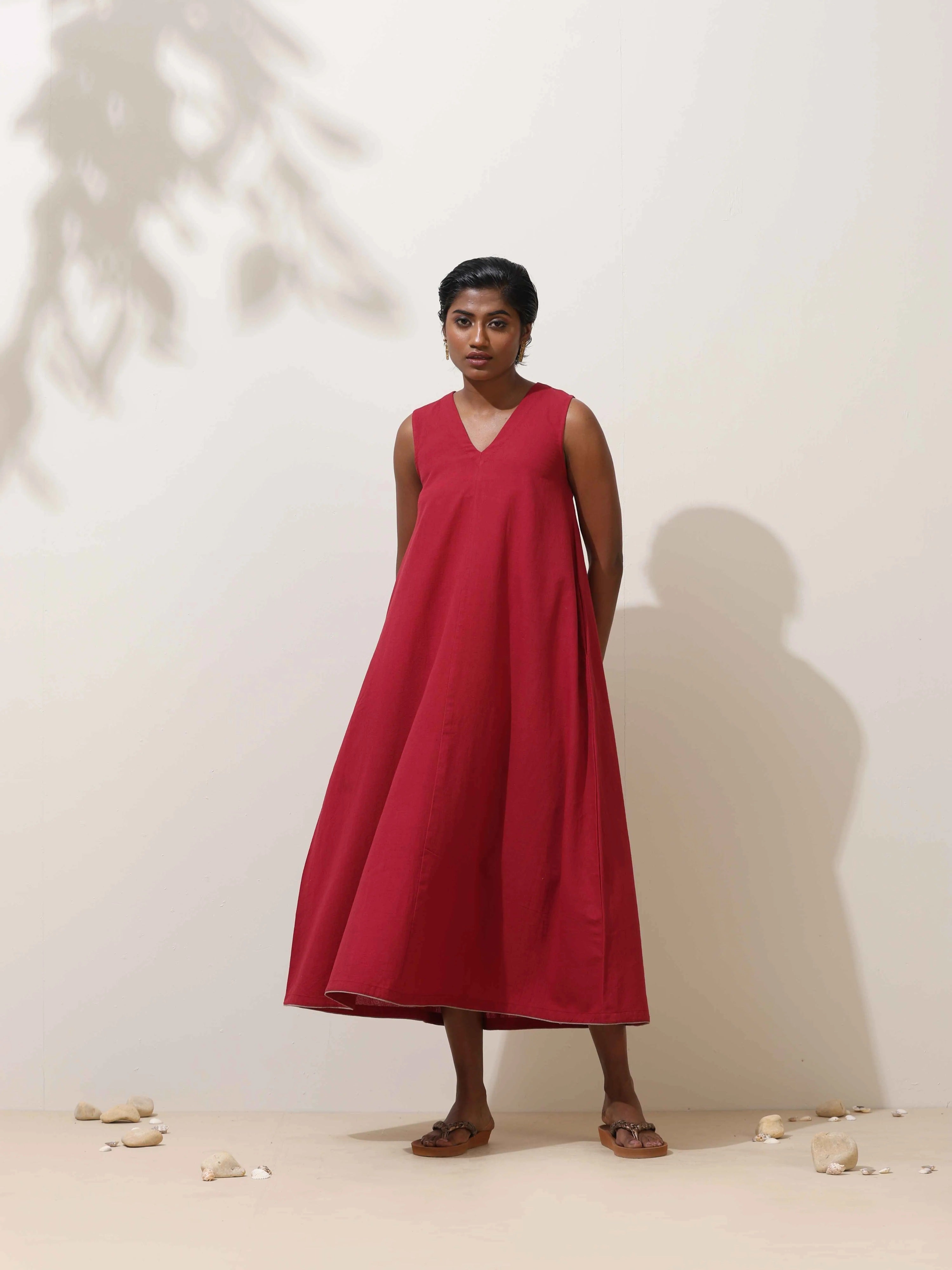 trueBrowns Maroon Cotton Linen Dress - Distacart