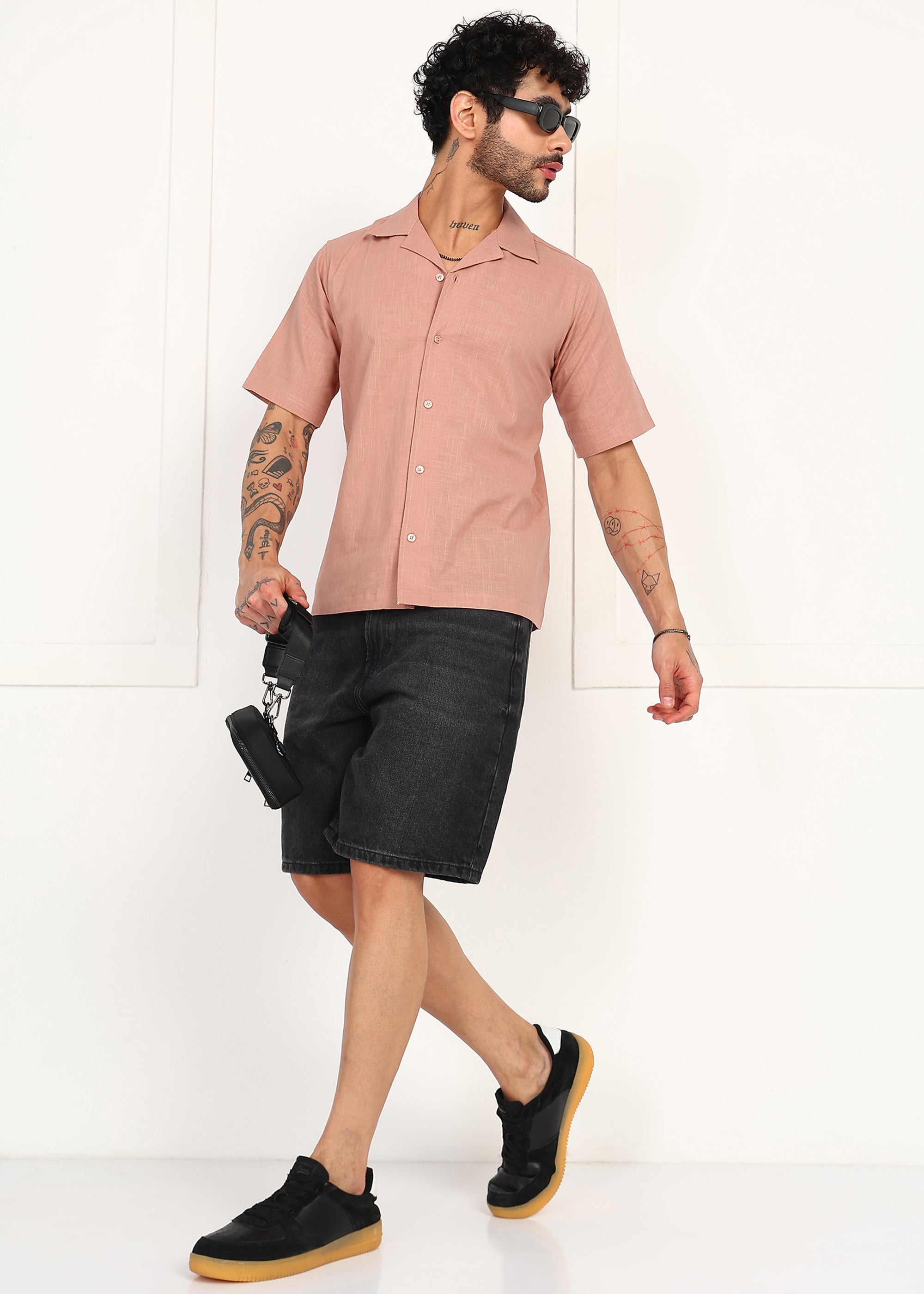 Fabmade Men’S Peach Linen Short-Sleeve Shirt
