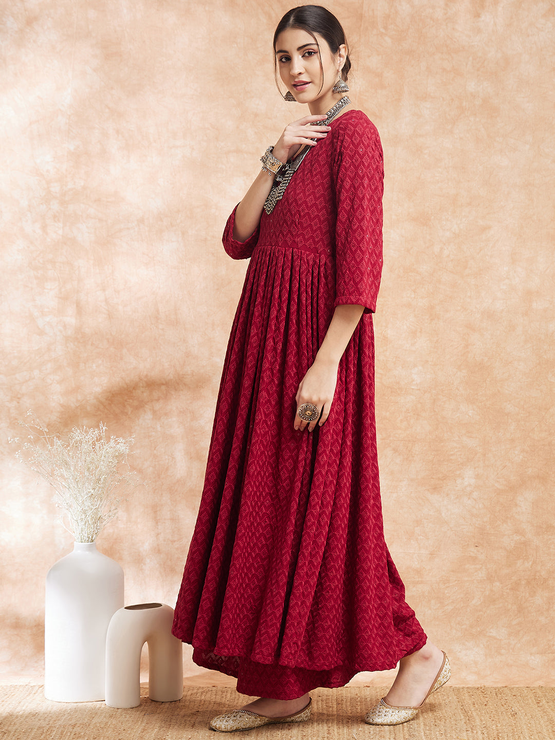 InWeave Women's Maroon Chikankari Long Anarkali Kurta Sharara Set