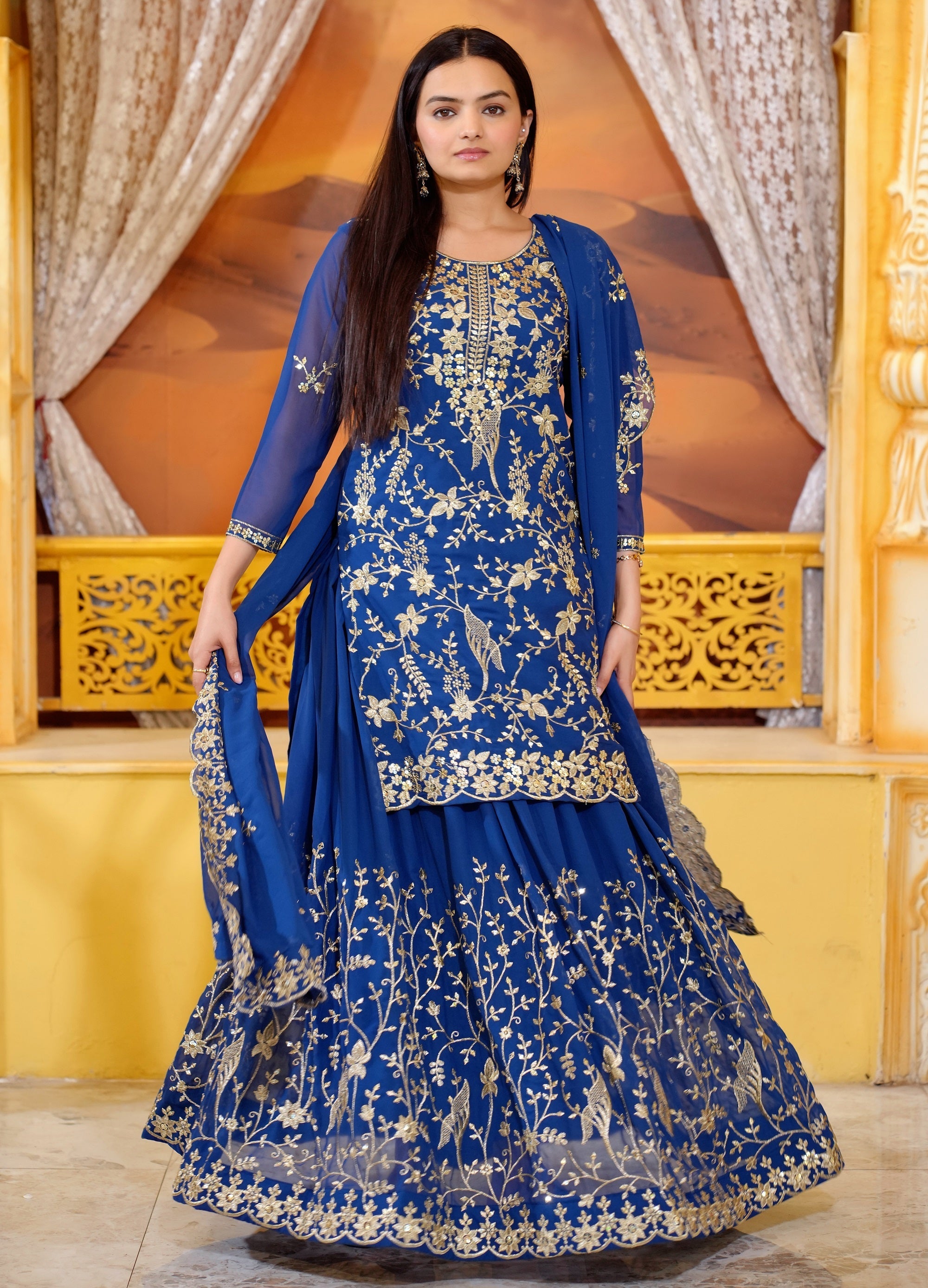 Teeya Creation Blue Color Georgette Heavy Embroidery Work Fully Stitched Lehenga Suit Set