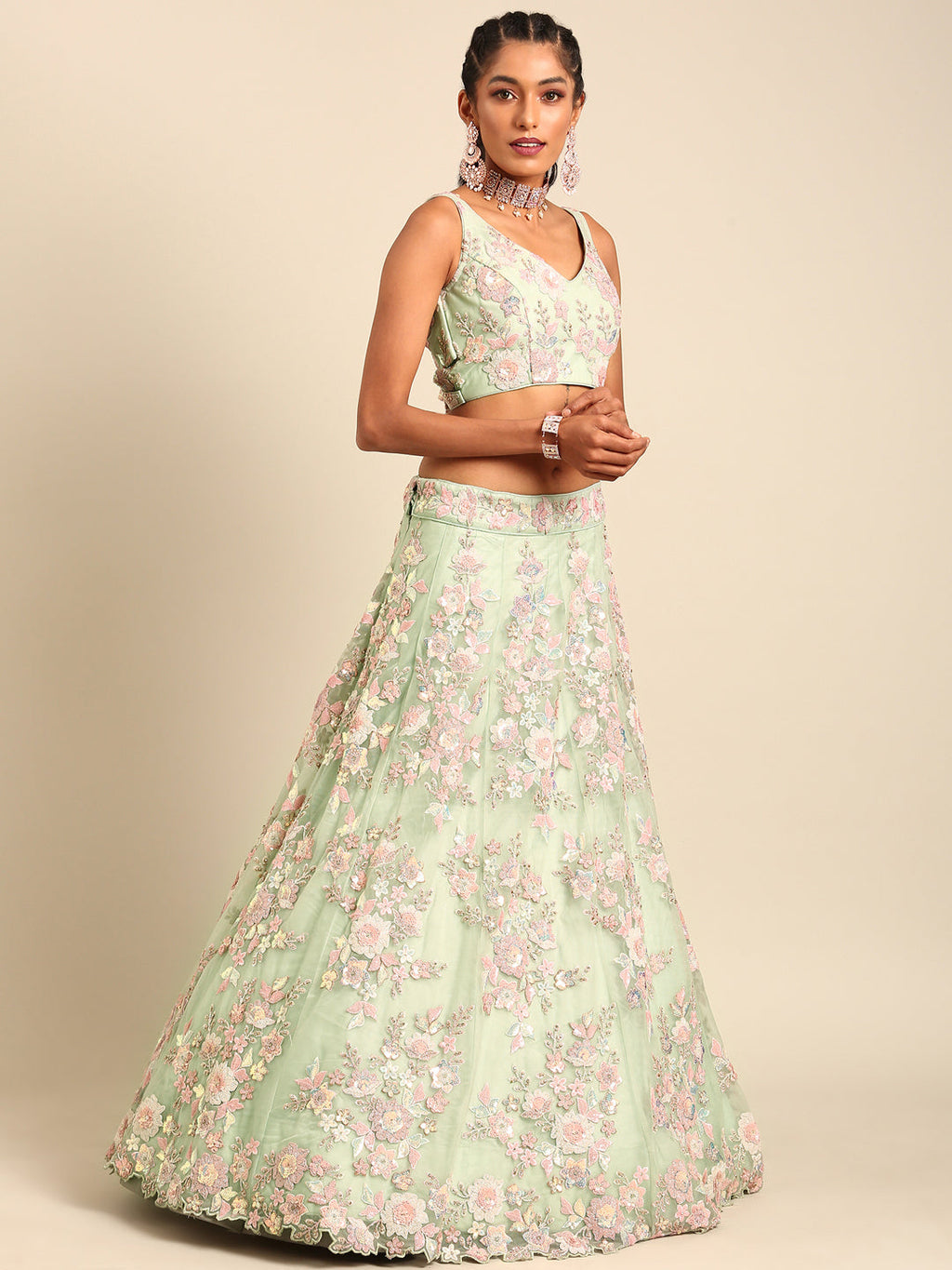 House of Panchhi Lime Green Net Sequins with heavy Zarkan embroidery Lehenga choli & Dupatta
