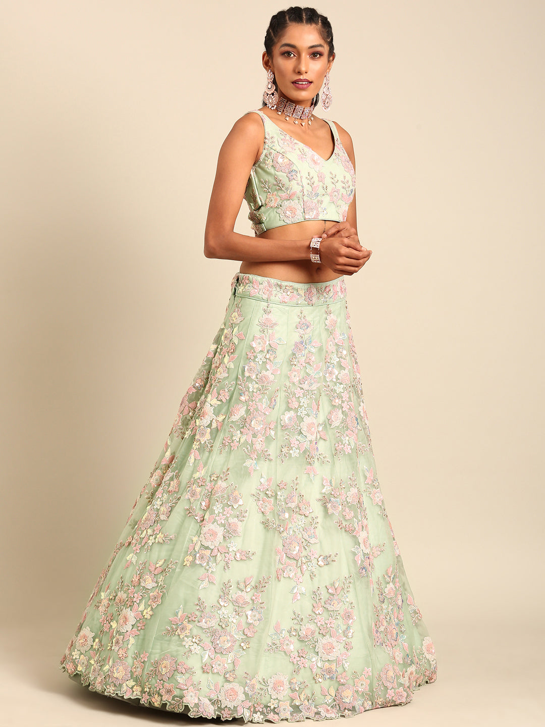House of Panchhi Lime Green Net Sequins with heavy Zarkan embroidery Lehenga choli & Dupatta
