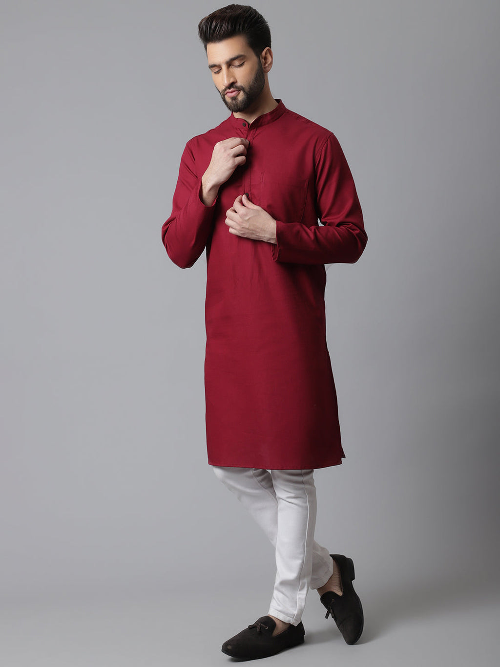 Even Apparels Maroon Pure Cotton Kurta With Band Collar - Distacart