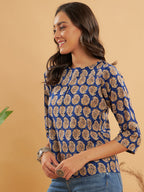InWeave Women's Ink Blue Small Paisley Kalamkari Top - Distacart