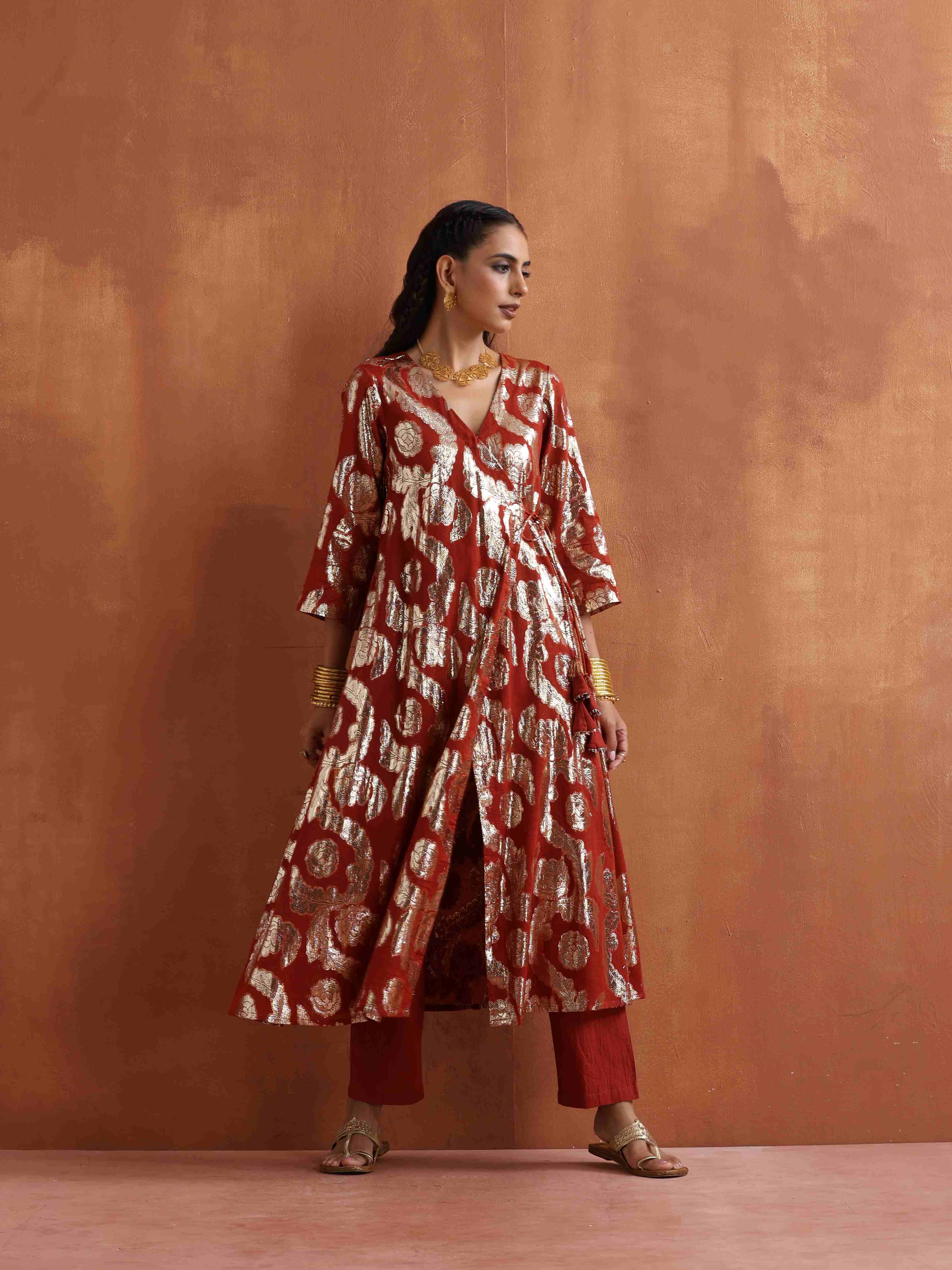 trueBrowns Rust Metallic Angrakha Kurta Set - Distacart