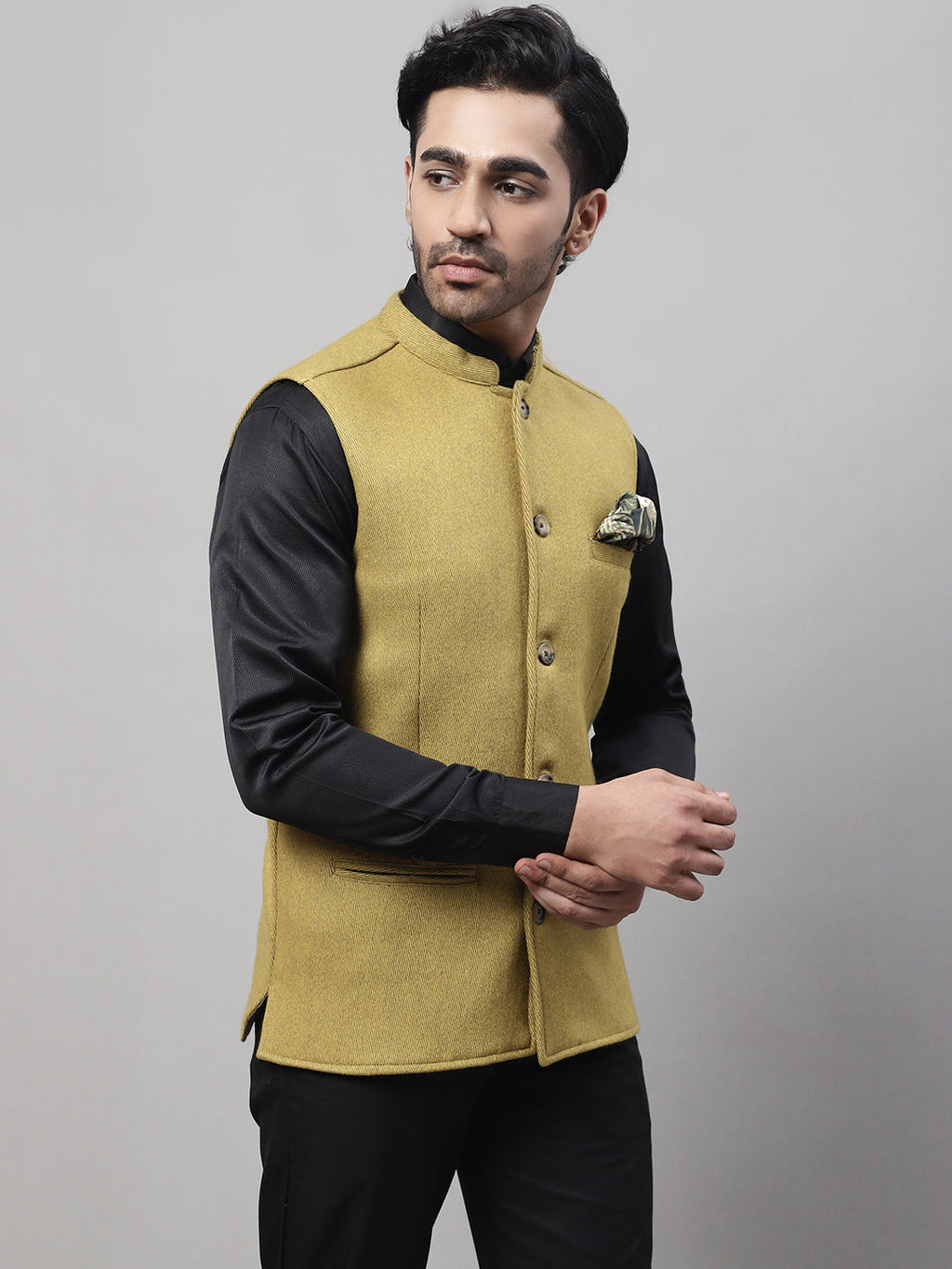 Even Apparels Men's Mustard Pure Wool Nehru Jacket