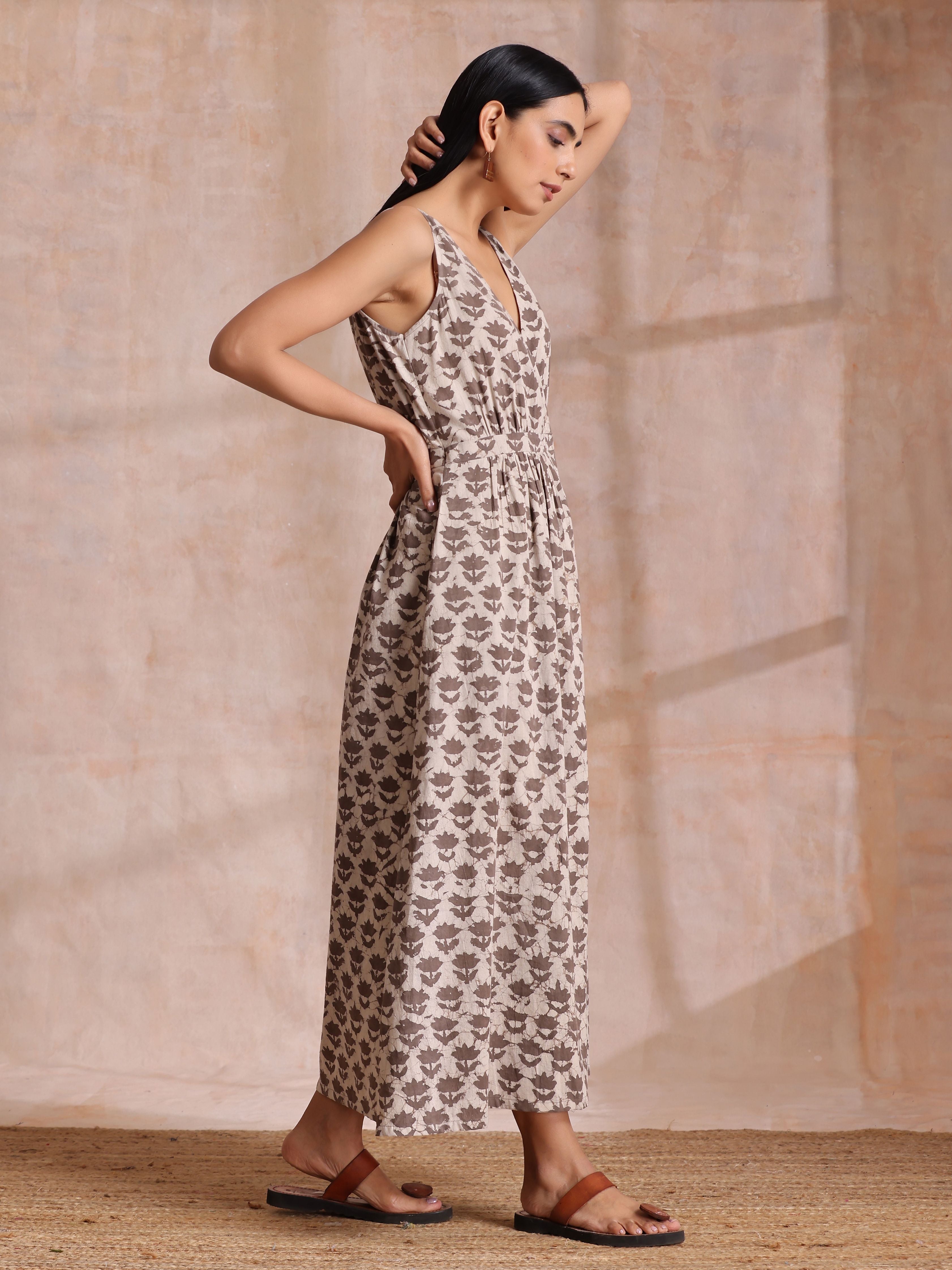 trueBrowns Clay Dabu Buta Print Cotton Sleeveless Wrap Dress - Distacart