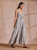 trueBrowns Grey Dabu Buta Print Cotton Sleeveless Dress - Distacart