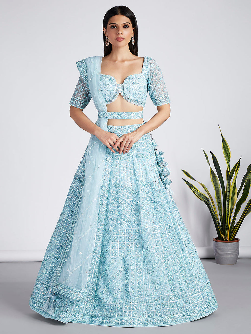 House of Panchhi Turquoise Blue Net Sequins, Zarkan And Thread Embroidery Lehenga Choli & Dupatta
