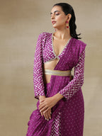 trueBrowns Purple Bandhani Printed Silk Ready to Wear Saree with Belt