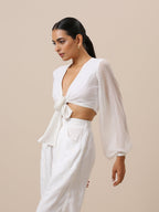 trueBrowns Chiffon White Dobby Tie Up Top