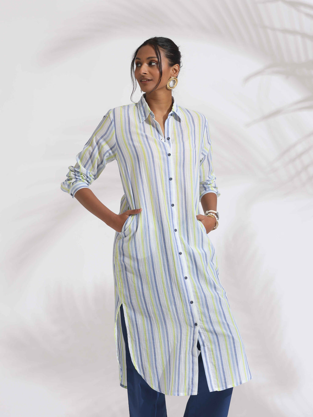 trueBrowns White Cotton Multi Stripe Shirt Kurta Set - Distacart