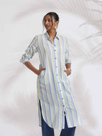 trueBrowns White Cotton Multi Stripe Shirt Kurta Set - Distacart